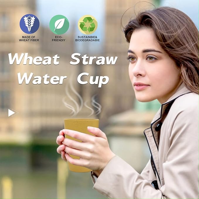 Wrova Wheat Straw Cups 6 PCS Good Alternative to Plastic Reusable Cups 12 oz Unbreakable Drinking Cup Reusable Dishwasher Safe Water Plastic Glasses Yellow