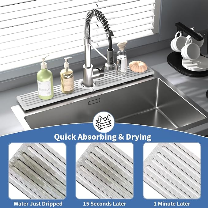 Stone Faucet Mat for Kitchen Sink, Water Absorbing Sink Water Splash Guard, Fast-Drying Kitchen Sink Faucet Mat, Durable Protector and Stone Drying Mat for Kitchen Counter Bathroom Sink