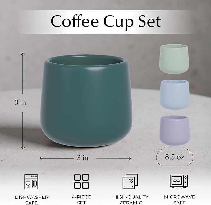 MIAMIO - Ceramic Cup Set of 4 (250 ml) / Ceramic Cups without Handles/Coffee Mugs, Coffee Cups, Cappuccino Cups (Pastel Coast)