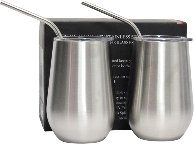 Generic Insulated Cup Tumblers 2 Pack 12 oz - Wine Cups with Lids and Straws Set, Reusable Stainless Steel Water Bottle, Travel Mug, Tumblers for Women Men Him Her, SilverCup12oz2PackStr