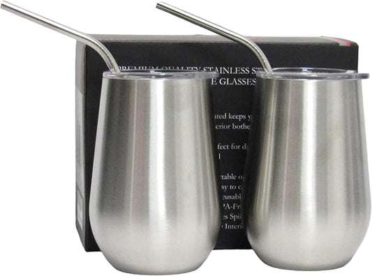 Generic Insulated Cup Tumblers 2 Pack 12 oz - Wine Cups with Lids and Straws Set, Reusable Stainless Steel Water Bottle, Travel Mug, Tumblers for Women Men Him Her, SilverCup12oz2PackStr