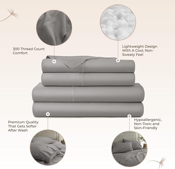 100% Organic Cotton Sheets Twin Size - GOTS Certified Organic Bed Sheets with Deep Pocket 300 Thread Count & Cozy Sateen Weave Gets Softer with Each Wash - Luxury 3 Piece Set (Stone, Twin)