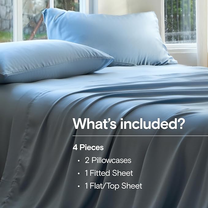 DOZ Sheet Set, 100% Viscose derived from Bamboo, Organically Grown, Buttery Soft, Cooling Sheets, High GSM, Deep Pockets - 4 Piece - 2 Pillowcases 1 Fitted 1 Top Sheet (Sky, Cal King)