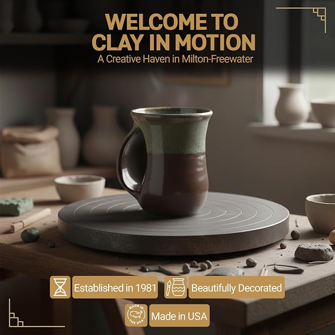Clay in Motion Hand Warmer Coffee Mug – Handmade Coffee Mug With Comfortable Handle Contoured Pocket Hand Warming Ceramic Coffee Mug – Proudly Made in USA – Left Handed – 14 Oz - Mocha