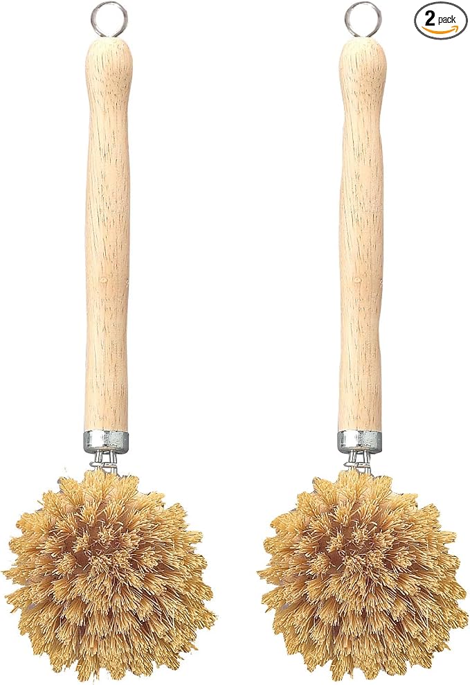 HIC Kitchen Natural Bristle Veggie Dish Scrub Brush, Non-Scratch Natural Tampico Bristles with Wooden Handle, Set of 2