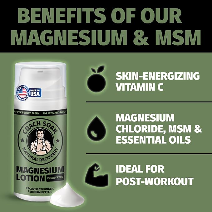 Coach Soak Magnesium Lotion with MSM & Menthol, Eucalyptus 3.4oz | Magnesium Chloride Non-Greasy Alternative to Epsom Salt Lotion and Cream - Apply Before Sleep for Feet, Leg Cramps & Body