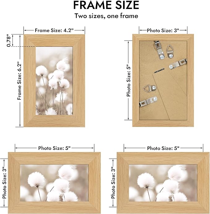 Hongkee 3x5 Oak Wood Picture Frame (1 Pack, Natural) with Real Glass Cover | Solid Wood 3 x 5 Small Frame for Wall or Tabletop Display - Includes Easel Back, Vertical Hang - Ideal for Home, Office