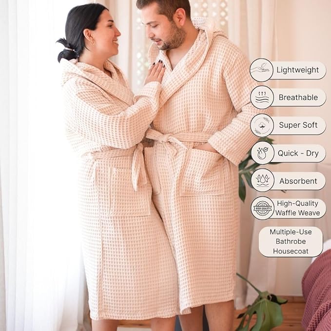 Unisex Hooded Waffle Robe for Women & Men 100% Turkish Cotton | Quick-Dry Bathrobe | Cozy Housecoat for Lounging