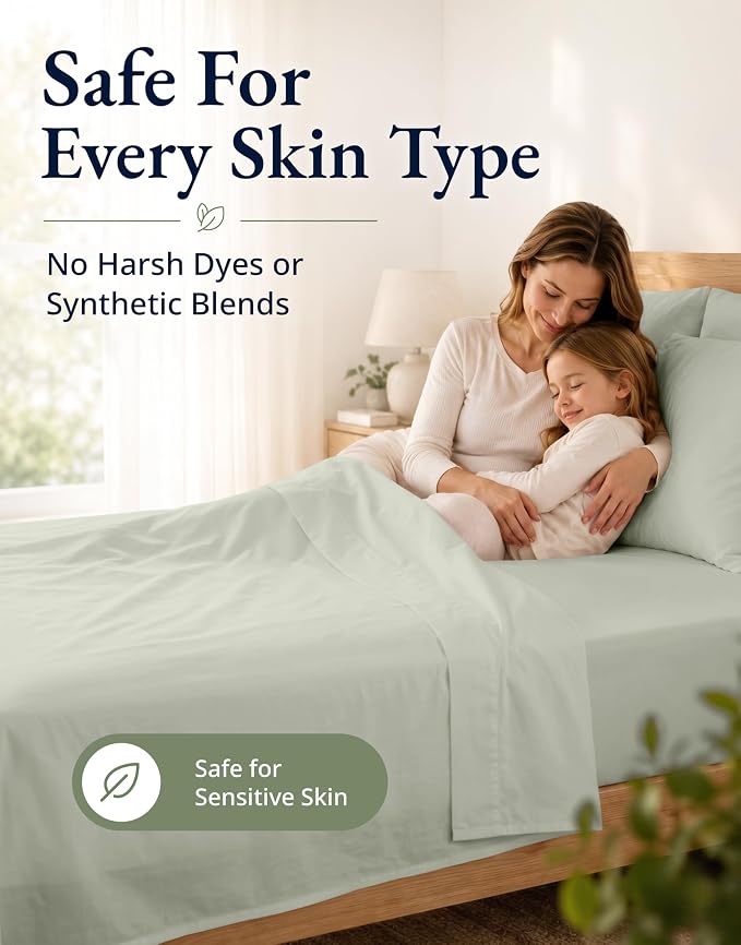 LANE LINEN Full Size Fitted Sheet & Pillowcases (No Flat Sheet) - 100% Organic Cotton Soft & Breathable Percale Weave For Crisp & Cool Sheets - 15'' Deep Pocket For Snug Fit - GOTS Certified - Mineral