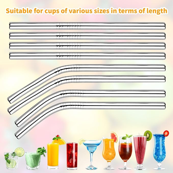 10-Pack Stainless Steel Smoothie Straws Reusable - 4 Straight and 4 Bent 5'' Straw with 2 Cleaning Brushes - 0.24'' Wide Metal Drinking Straws for Milkshake, Smoothie, Beverage