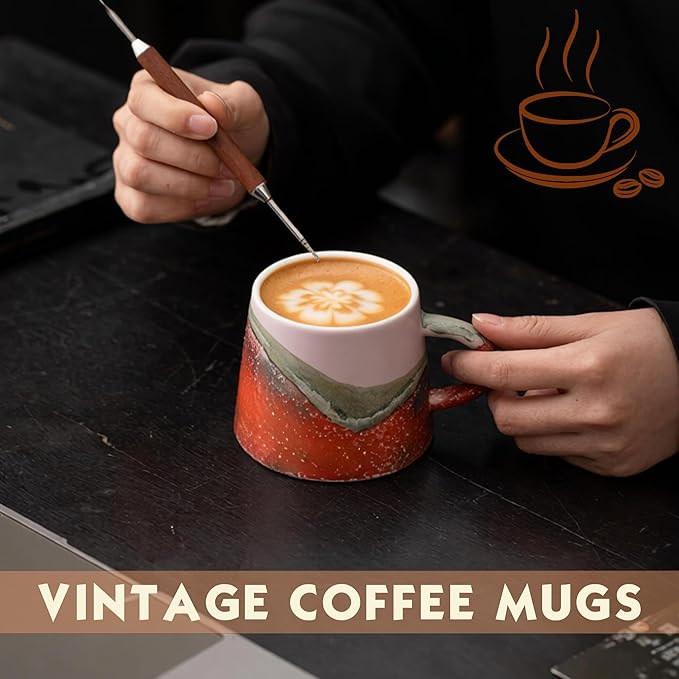 Vintage Coffee Mugs, 8 OZ Handmade Ceramic Coffee Mug with Handle, Pottery Coffee Cup for Morning Coffee, Tea & Latte, Lead-Free, Non-Toxic, Dishwasher & Microwave Safe for Home & Office.(Pink)
