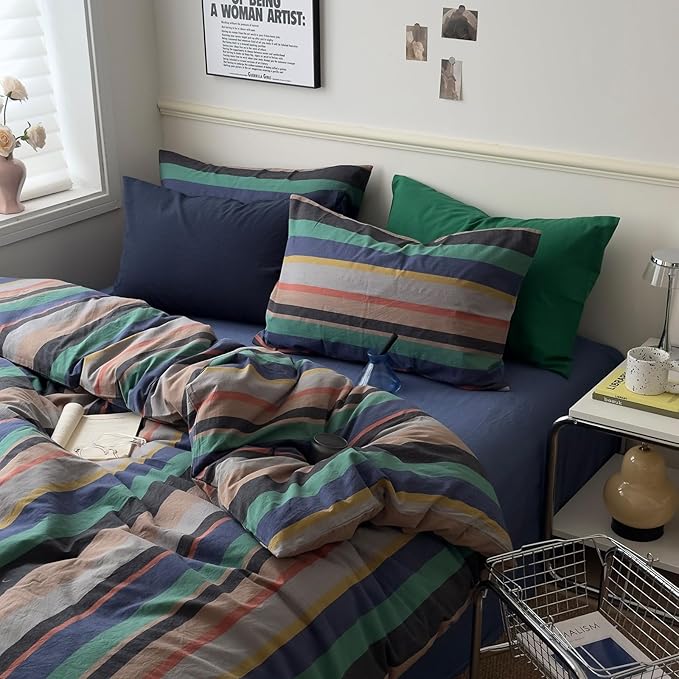 mixinni Blue Striped Duvet Cover Twin Size 100% Washed Cotton 3 Pcs Vintage Striped Bedding Set Soft Breathable Comforter Cover Set for Boys Girls Bedroom