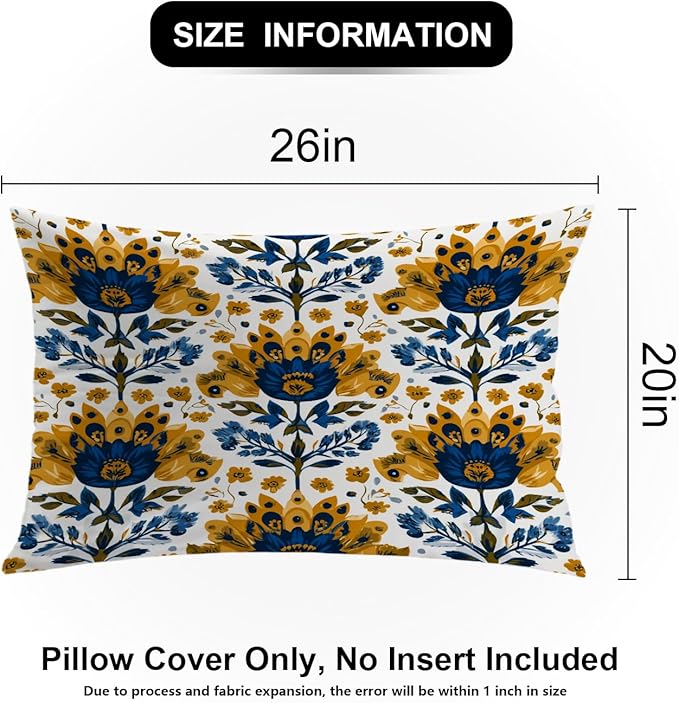 Shrahala Folk Art Floral Motifs Pillowcases, Blue Yellow Floral Pattern Lumbar Pillow Cover Decorative Blended Double-Sided No Inserts for Bedroom Sofa Living Room Set of 2 (26 x 20 in)