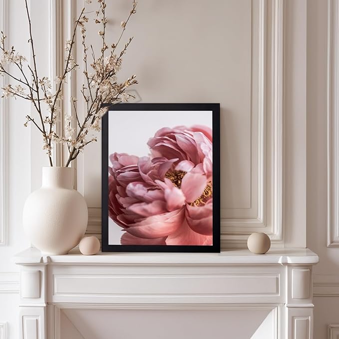 Monem Art Blush Pink Peony Print - Minimalist Floral Photography Poster - Wall Decor for Living Room, Bedroom or Office - 12x16 Black Framed Wall Art by Mareike Bohmer