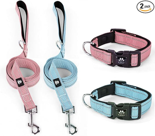 IVY&LANE 2 Pack Reflective Dog Collars and Leashs Set,Adjustable Neoprene Padded Dog Collar for Puppy, Breathable Nylon Pet Collar for Small Medium Large Dogs(Medium,Blue+Pink)
