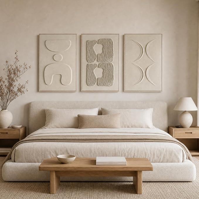 Thalasse Large 3-Piece 3D Textured Wall Art, Wabi Sabi Sandstone Relief Panels with Solid Wood Frame, 24x36 Inch Minimalist Wall Decor for Living Room, Hallway and Entryway