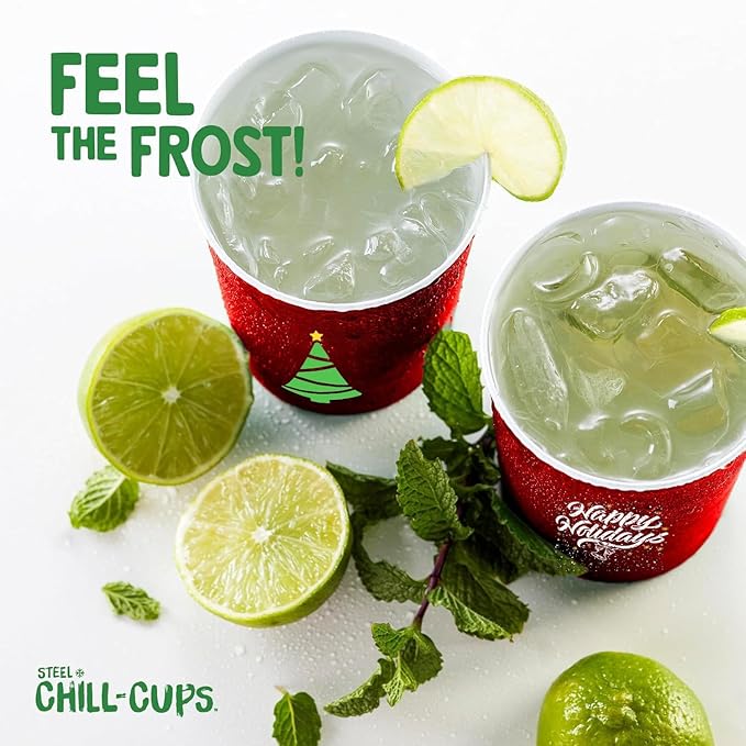 Steel Chill Cups 16 oz. Party Cups 'Happy Holidays' Christmas Tree Design for Cold Drinks, Durable, Disposable, Recyclable, Made in USA, Red, 12 Count