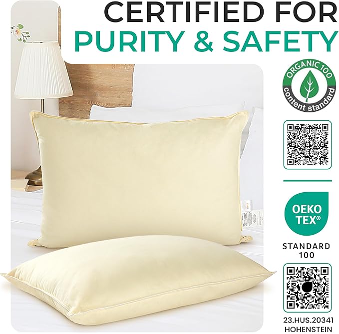 Cheer Collection Set of 2 Organic Kapok Bed Pillows, Natural Kapok Fiber Filled Sleeping Pillows with Breathable Cotton Shell, Standard Size, 20 x 28 inches