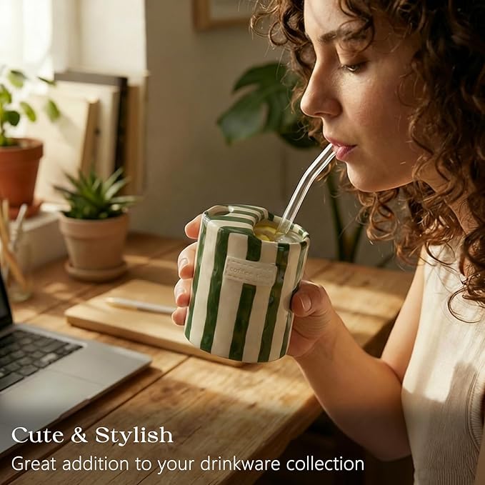 Ceramic Coffee Mug with Lid, Ceramic Travel Mug with Straw Hole, 12oz Retro Striped To Go Coffee Mug for Hot & Cold Drinks, Microwave & Dishwasher Safe，Green