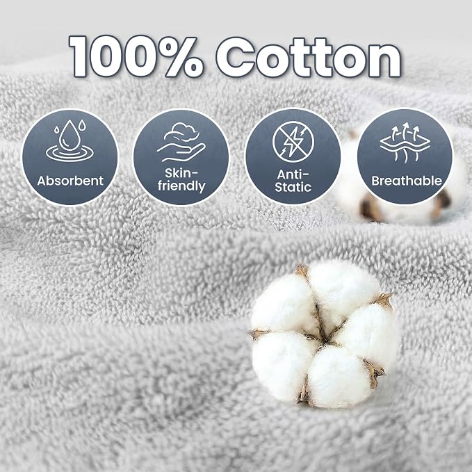 Mandydov 100% Cotton Hair Towel Wrap for Women, 2 Pack Thickened & Super Absorbent Turbans, Anti Frizz Quick Dry Hair Towels (White, Gray)