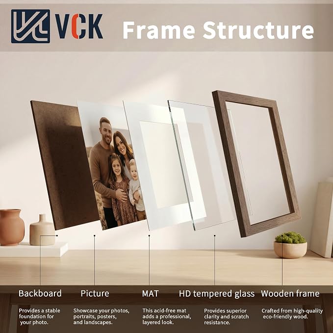 VCK 13x19 Picture Frames Walnut 3 Pack, Wide Border Wood, Tempered Glass, Display 13x19 Poster Photo with Mat or 11 x 17 Without, for Home, Office, Gallery, Woodgrain Series, Wall Hanging