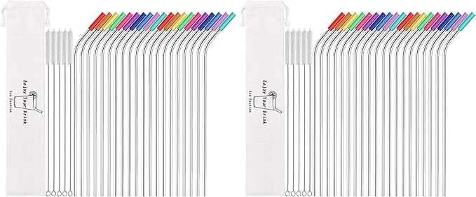 MUTNITT Set of 20 10.5" Reusable Bent Stainless Steel Straws with 20 Silicone Tips 5 Cleaning Brush 1 Travel Case Eco Friendly Extra Long Metal Straw Drinking for 20 24 30 oz Tumbler (Pack of 2)
