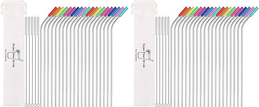 MUTNITT Set of 20 10.5" Reusable Bent Stainless Steel Straws with 20 Silicone Tips 5 Cleaning Brush 1 Travel Case Eco Friendly Extra Long Metal Straw Drinking for 20 24 30 oz Tumbler (Pack of 2)