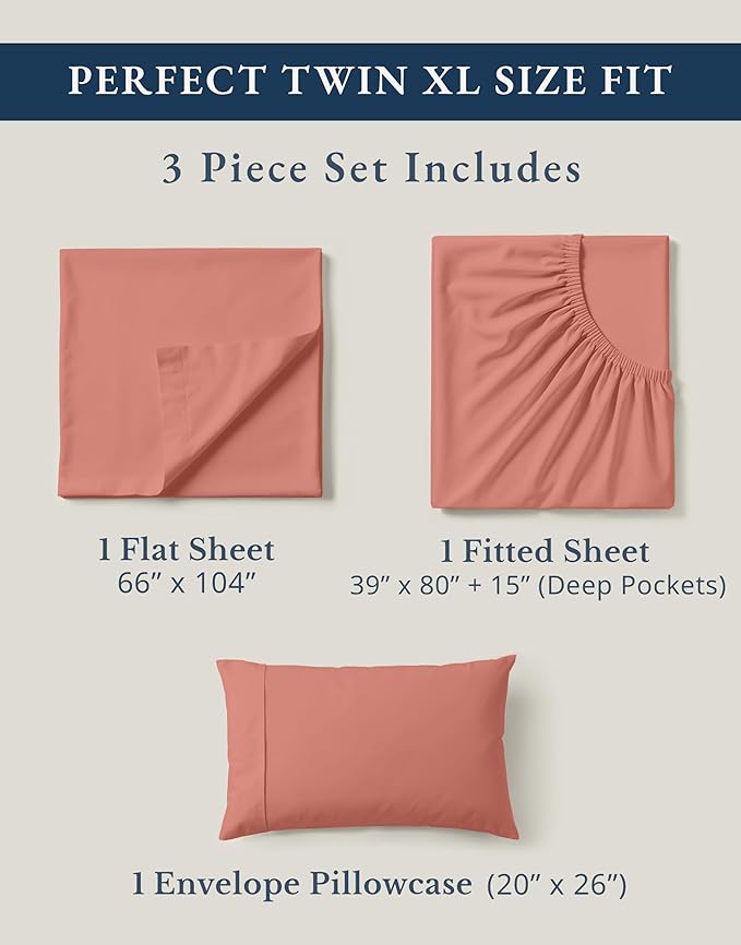 LANE LINEN 100% Organic Cotton Twin Sheet Set, Soft & Comfy Premium Bedding Sheets & Pillowcases, Luxury Hotel Like Percale Sheets, Reinforsed French Seam in Fitted Sheets Pocket - Rose Dawn