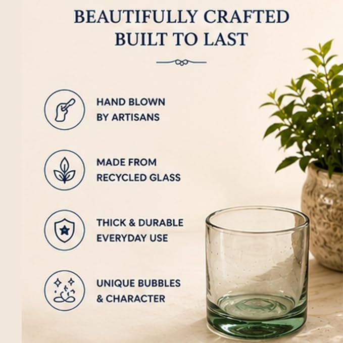 Aztecas Design Handblown Recycled Glass Drinking Glasses, Clear, Set of 4, Classic Style (10oz)