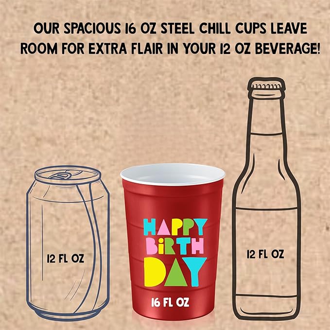 Steel Chill Cups 16 oz. Party Cups 'Happy Birthday' Balloon Design for Cold Drinks, Durable, Disposable, Recyclable, Made in USA, Red, 12 Count