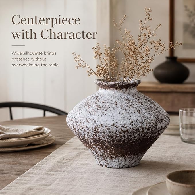 Large Wabi Sabi White Vintage Ceramic Vase, 10.6" Rustic Pottery Vase for Centerpieces, Textured Decorative Flower Vases for Table, Living Room, Bedroom, Bathroom, Kitchen, Farmhouse Home Decor Gifts