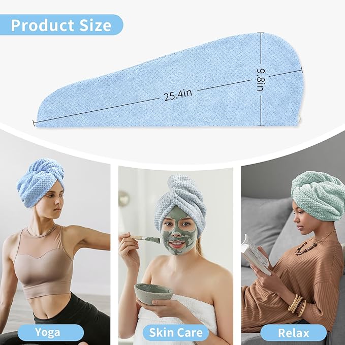 my novel things 3 Pack Microfiber Hair Towel Wrap for Women 25.4"x9.8", Super Absorbent Hair Towel Wrap, Quick Dry Hair Towels with Button for Curly Hair Anti Frizz (Blue,Green,Gray)
