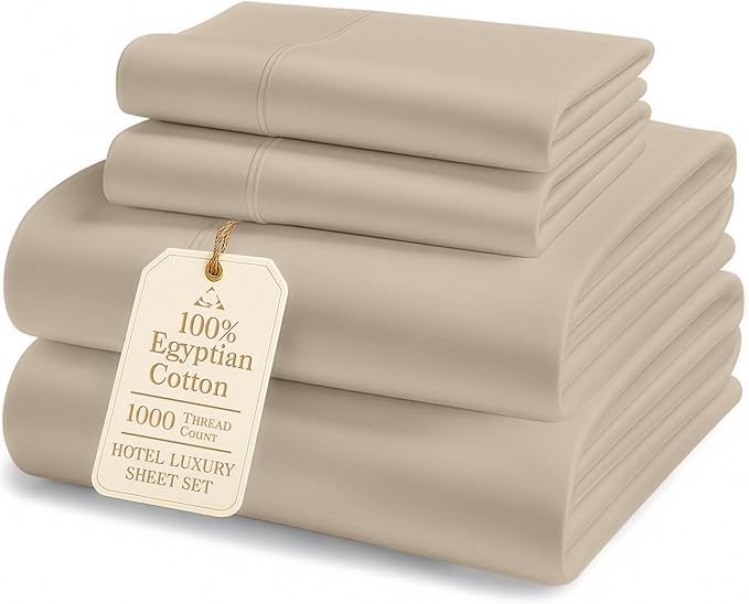 LANE LINEN 100% Egyptian Cotton Full Size Bed Sheets - 1000 Thread Count, Machine Washable Naturally Temperature regulating Sustaibable No Pill Fade Resistant Full Size Sheets Set Cotton- Taupe