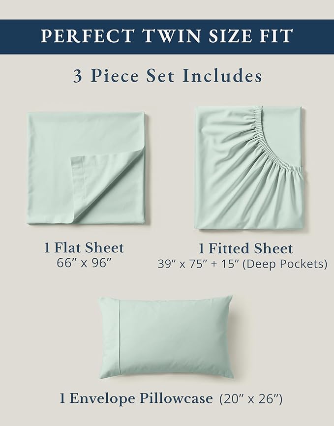 LANE LINEN Twin Sheets 100% Organic Cotton Soft 3pc Percale - Cool Blue | Pure Long-Staple Organic Cotton Twin Sheet Set - Easy-Care Machine Washable, Breathable For Year-Round Sleep