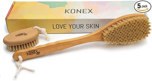 KONEX Bath Brush Set, Exfoliating Shower Scrubber, Dry Brushing Body Brush Set, Pore Opening, Beechwood Handle with Natural Bristle Large 15" Plus Small Face Brush (Pack of 5)