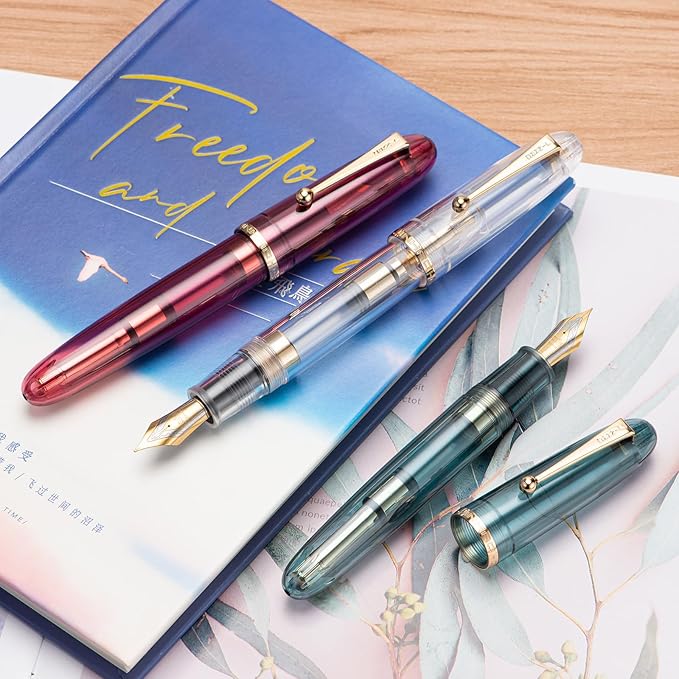 Jinhao 9019 DaDao Series Fountain Pen, Size 8 Medium Nib with Refillable Large Ink Converter, Transparent Clear Design Smooth Writing Pen (Gold Trim)