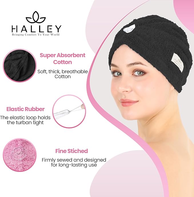 HALLEY Cotton Hair Towel Wrap (3 Packs) Super Absorbent Fast Drying Hair Towel for Thick Hair Turbans for Wet Hair with Button (Black, White, Pink)