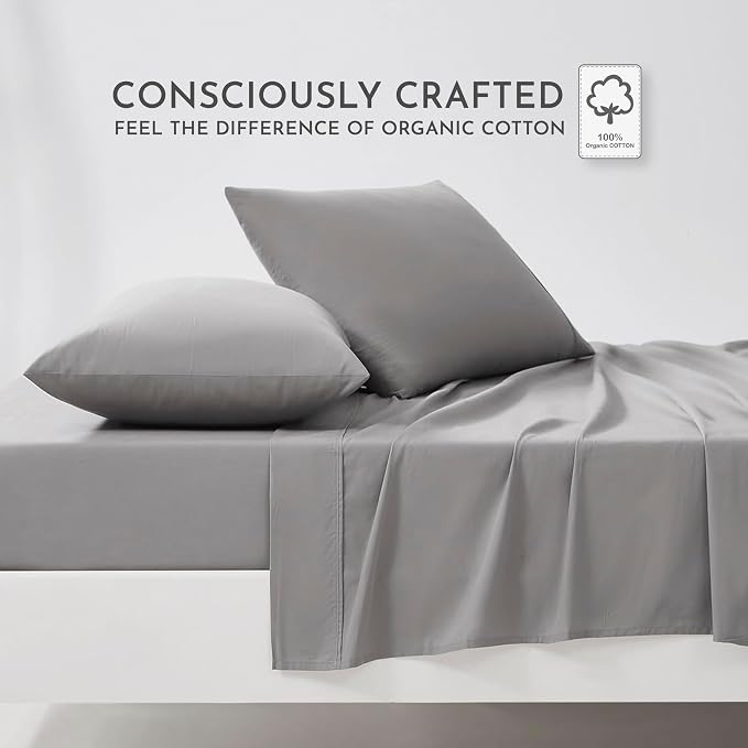 Linen Closet 100% Organic Cotton Queen Sheets Set - 4 Pieces Percale Weave Cooling Bed Sheets for Hot Sleepers - 16" Deep Pocket Fitted Sheet - Crisp, Breathable & Brushed for Softness - Dark Gray