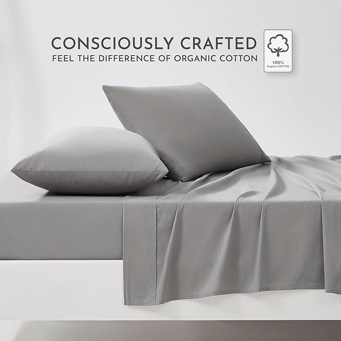 Linen Closet 100% Organic Cotton Twin Bed Sheets Set - 3 Pieces Percale Weave Cooling Sheets for Hot Sleepers - 16" Deep Pocket Fitted Sheet - Crisp, Breathable & Brushed for Softness - Dark Gray