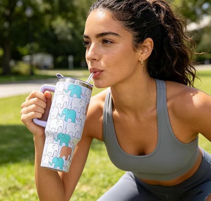 SYACOT 40 oz Tumbler with Handle and Straw Stainless Steel Insulated Tumbler Leak Proof Lid and Straw Lid Reusable Travel Mug Coffee Mug Cup Dishwasher Safe Keep Drinks Cold and Hot (LittleElephant)