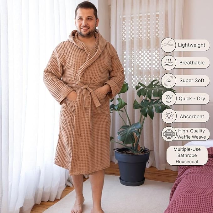 100% Turkish Cotton Men's Waffle Robe with Hooded, Premium Soft Cozy Housecoat or Quick-Dry Bathrobe for Mens