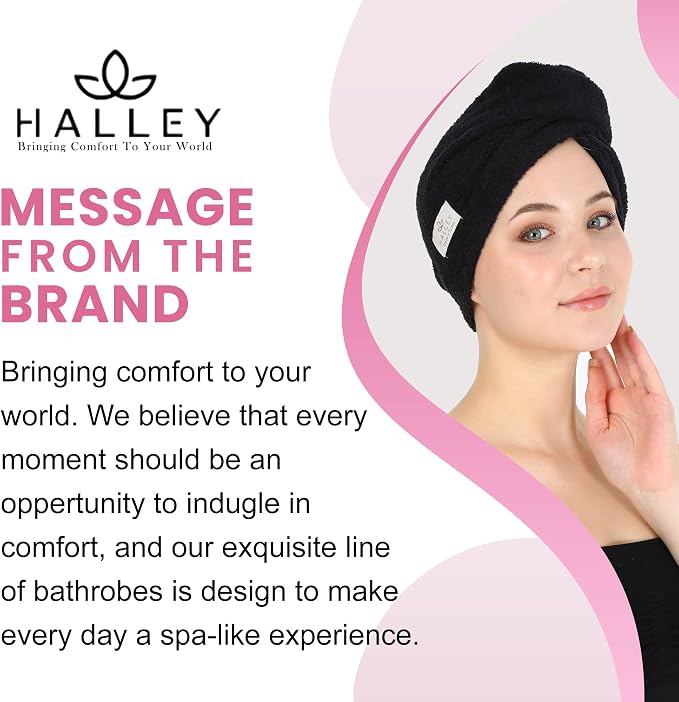 HALLEY Cotton Hair Towel Wrap (3 Packs) Super Absorbent Fast Drying Turbans for Thick, Wet Hair with Button (Black, Grey, Pink)