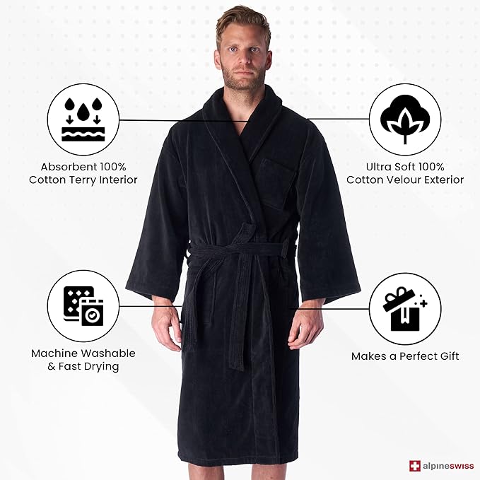 Alpine Swiss Pure Cotton Mens Terry Cloth Bathrobe Super Absorbent Spa Robe