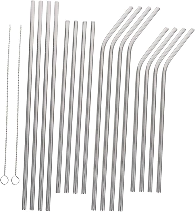 SEWACC 18pcs Stainless Steel Reusable Drinking Straws Set with Cleaning Brushes, Multiple Lengths, Polished Smooth Surface, Straight and Bent Shapes for Family Gatherings and Office Use
