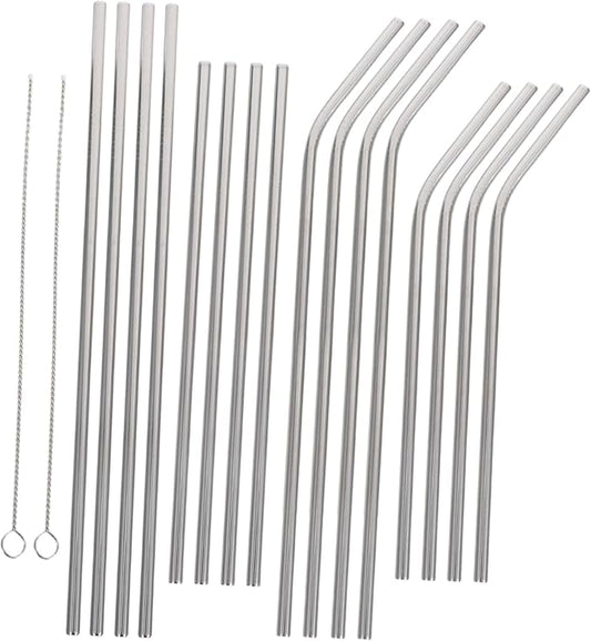 SEWACC 18pcs Stainless Steel Reusable Drinking Straws Set with Cleaning Brushes, Multiple Lengths, Polished Smooth Surface, Straight and Bent Shapes for Family Gatherings and Office Use