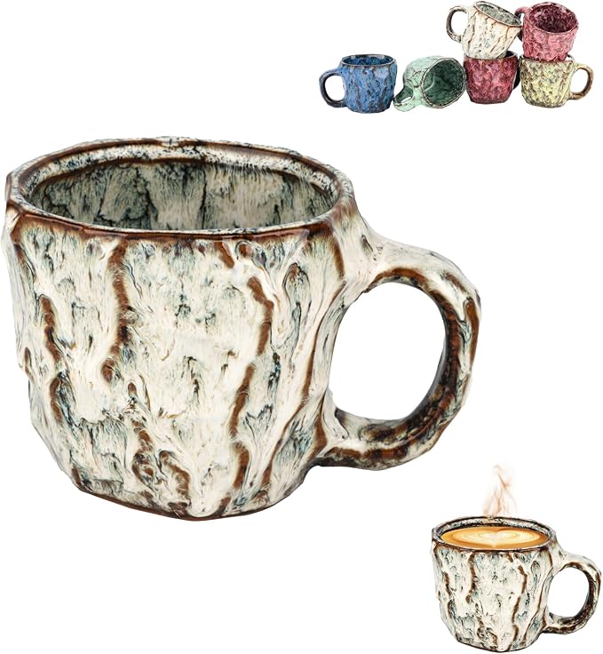 DorkTees 9oz Handmade Reactive Glaze Stoneware Coffee Mug, Luxury Rustic Textured Cup with Handle, High-Fired Ceramic Mug, Microwave & Dishwasher Safe, Gift for Coffee Lovers. (White)