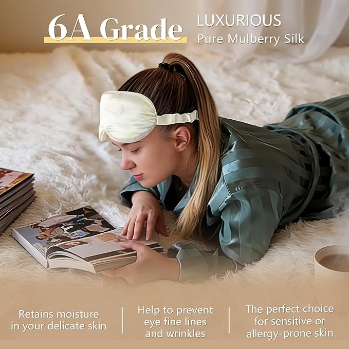 ZIMASILK 22 Momme 100% Mulberry Silk Sleep Mask, 3D Contoured Cup Eye mask Blindfold, Super Soft & Comfortable Sleep Eye Mask for Sleeping(Ivory - Fruit Line Art)