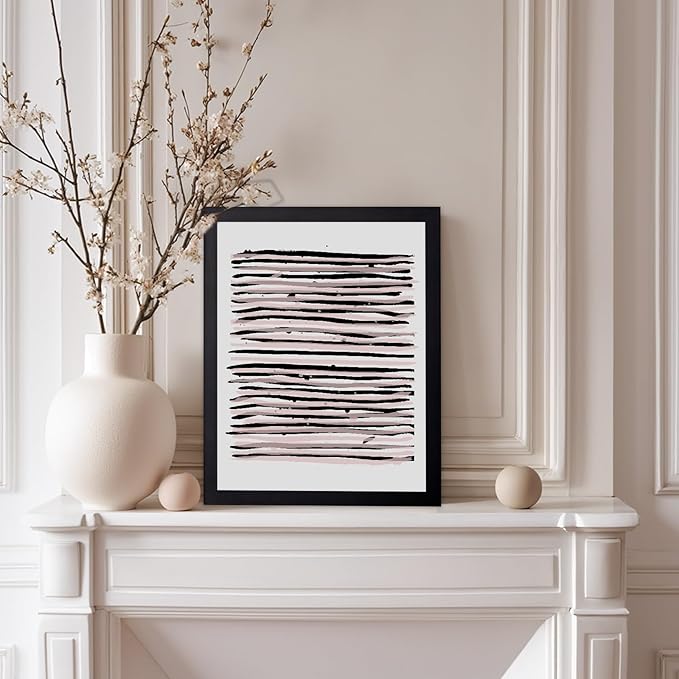 Monem Art Black and Blush Abstract Line Painting Print - Minimalist Scandinavian Art Poster - Wall Decor for Living Room, Bedroom or Office - 8x10 Black Framed Wall Art by Mareike Bohmer