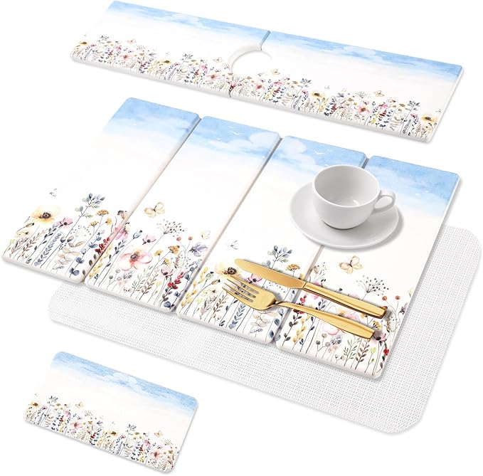 3 PCS Stone Dish Drying Mat for Kitchen Counter, Quick Dry Foldable Stone Dishes Mats, Water Absorbing Diatomaceous Earth Drying Organizer for Dishes Bottles, Cups and Tableware (Sky)