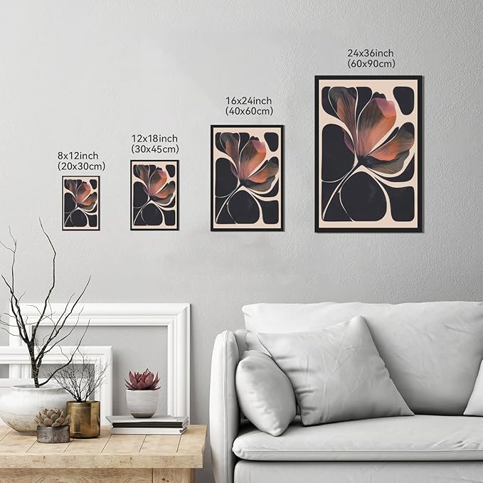 Abstract Floral Wall Art Prints Set of 2 Modern Mid Century Botanical Canvas Painting Posters Black Orange Flower Picture Wall Decor Aesthetic for Bedroom Home Decor 24x36inch Black Framed